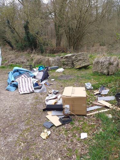 fly-tipped rubbish at Green Drove, Upper Enham