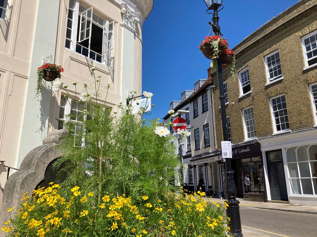 Hanging baskets in The Cornmarket, Romsey